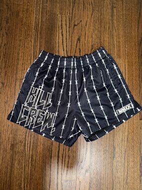 Kill Crew Black Barbed Wire Mid Thigh cut Muay Thai Shorts